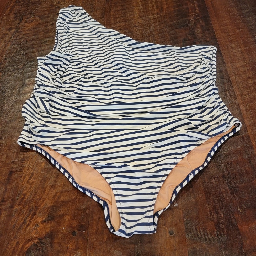J. Crew Blue and White One Piece Swimsuit Asymmetrical Design
